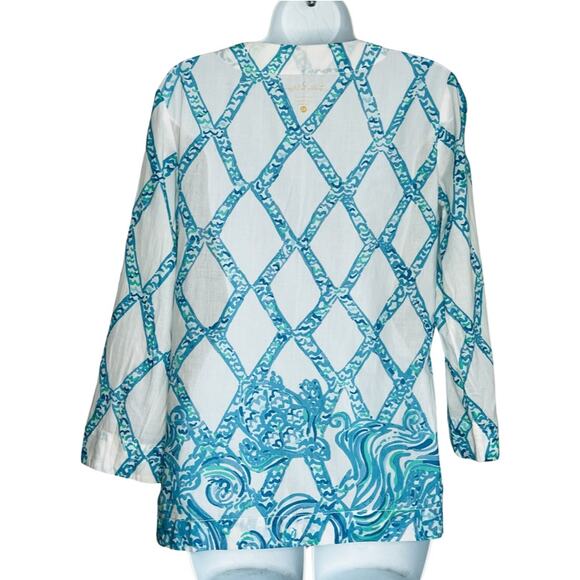 Lilly Pulitzer White Turquoise Amelia Island Tunic Turtle Cove Lattice Sheer XS - Picture 5 of 9